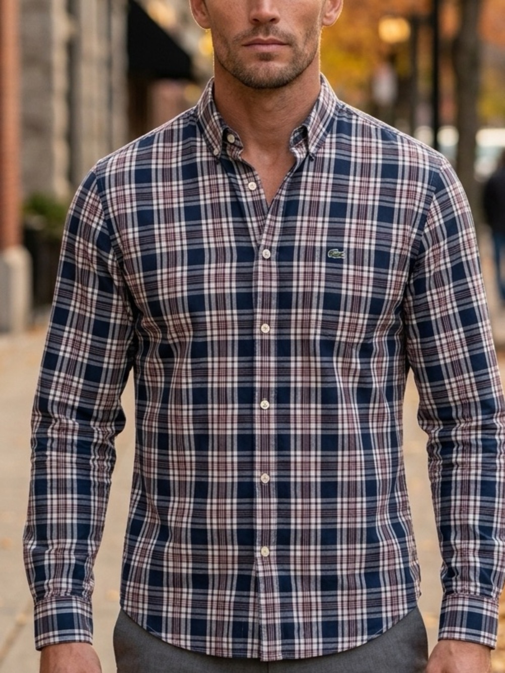 Lacoste Navy, White & Red Plaid Button-Down Shirt